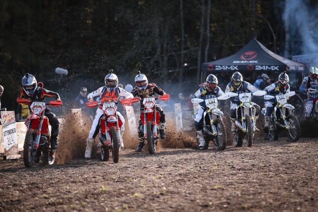 Participants perform at the eighth stop of the World Enduro Super Series at Griessbach, Germany on November 2, 2019.