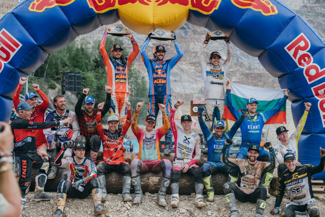 Winners - (L-R) Trystan Hart, Manuel Lettenbichler, Mario Roman and other participants pose for a photo at the Red Bull Erzbergrodeo in Eisenerz, Austria on June 7, 2026. // Sam Strauss / Red Bull Content Pool // SI202606070474 // Usage for editorial use only //